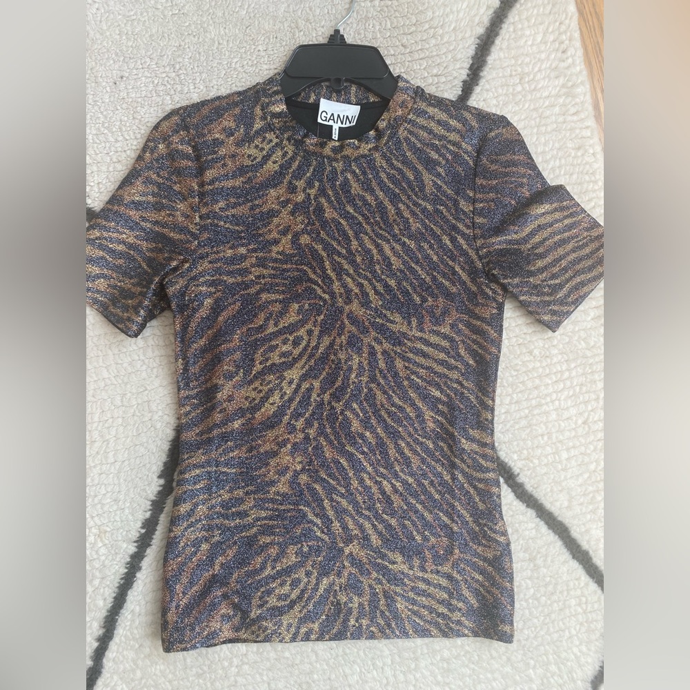 Ganni lurex glitter animal print tee, size 36